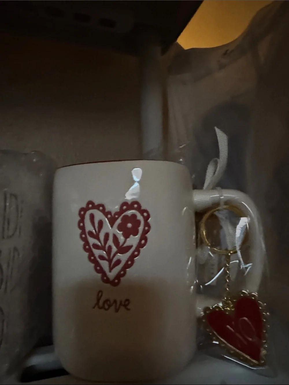 Rae Dunn White Mug with Red Heart and Gold XO Keychain